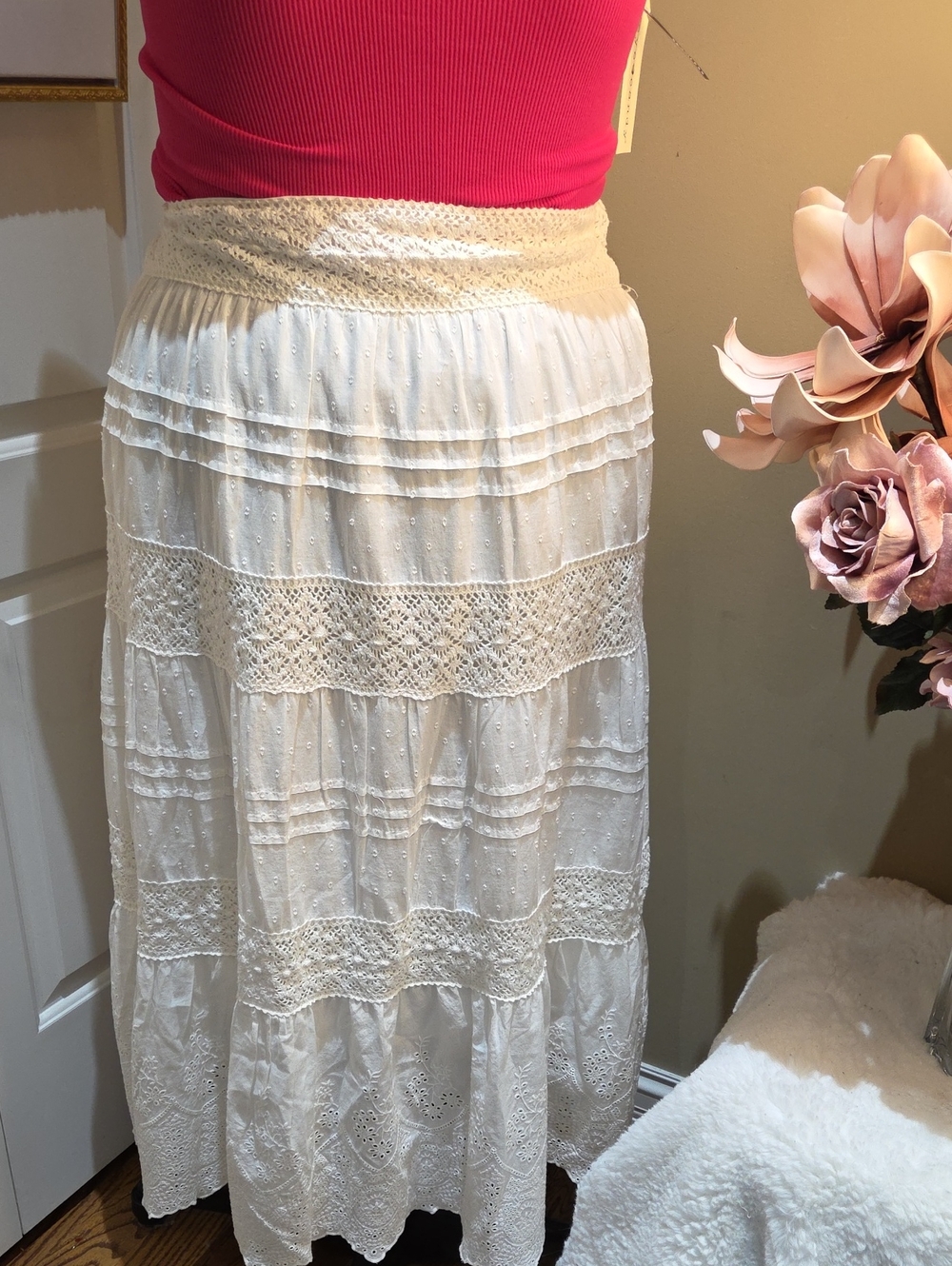 Nwt M & 1X & 2X Jennifer & Grace Women's OffWhite Eyelet Tiered Maxi SkirtB3 - Picture 3 of 17